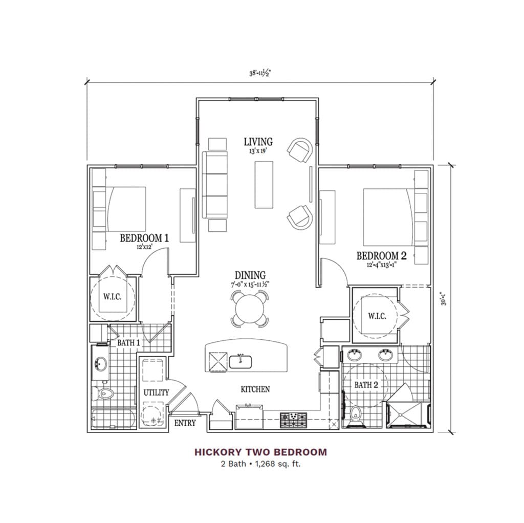Architectural floor plan for a two-bedroom unit
