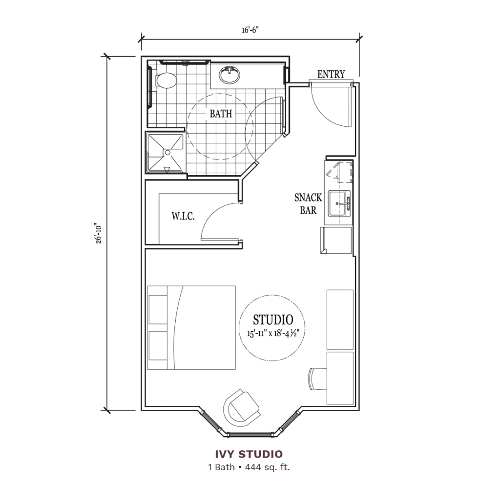 Architectural floor plan of Ivy Studio unit.