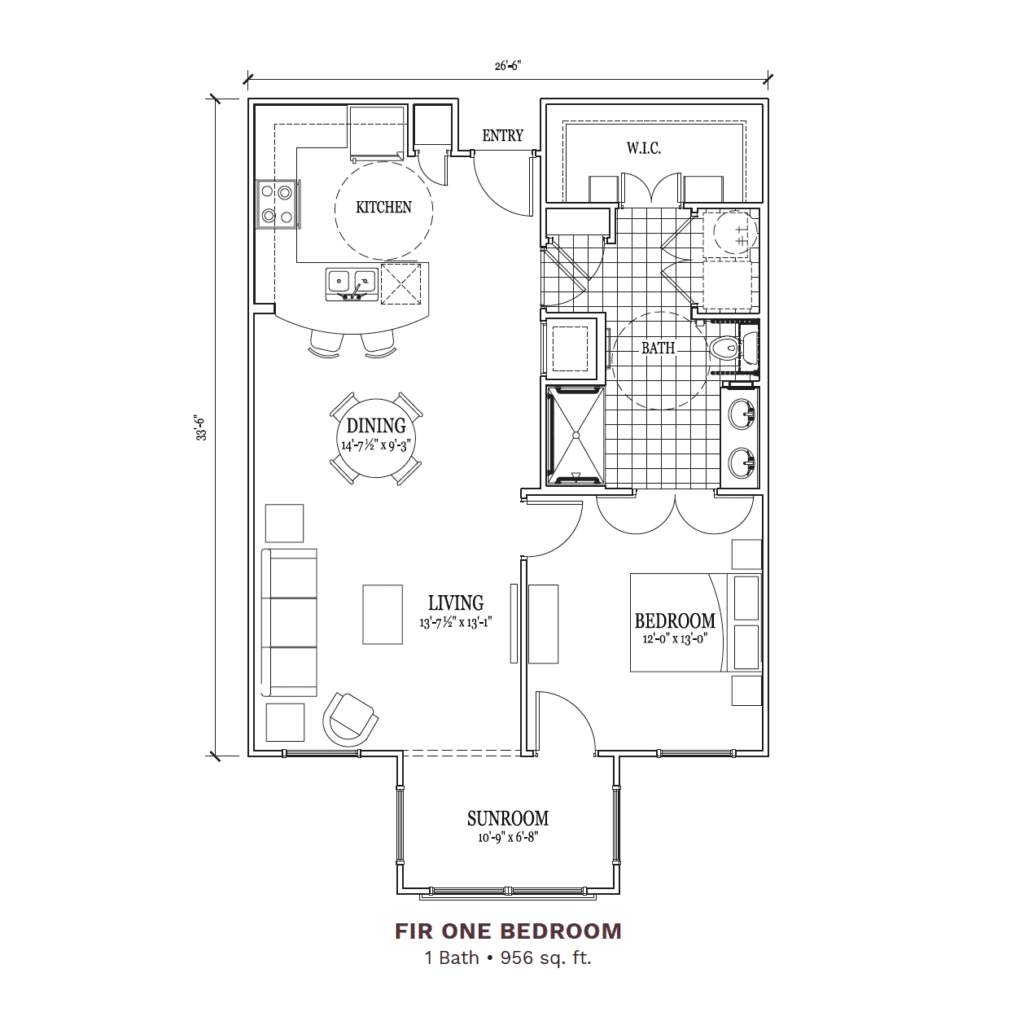 Architectural floor plan of a one-bedroom unit