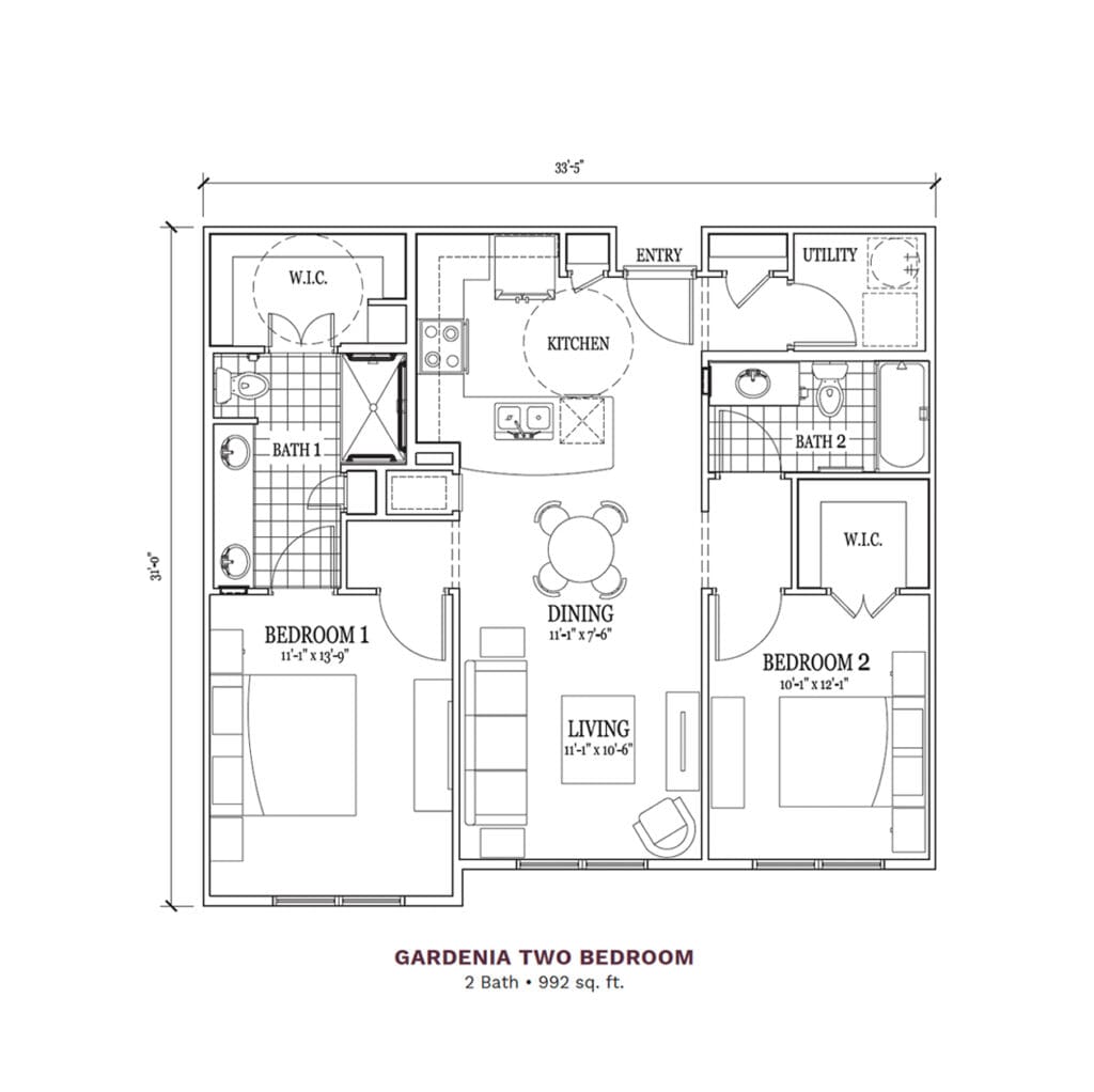 Architectural floor plan of a two-bedroom unit