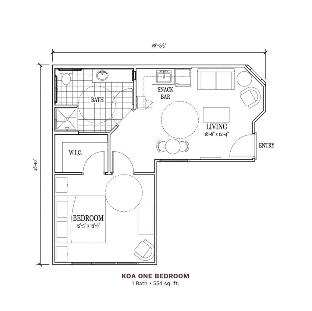 Architectural floor plan of a one-bedroom unit