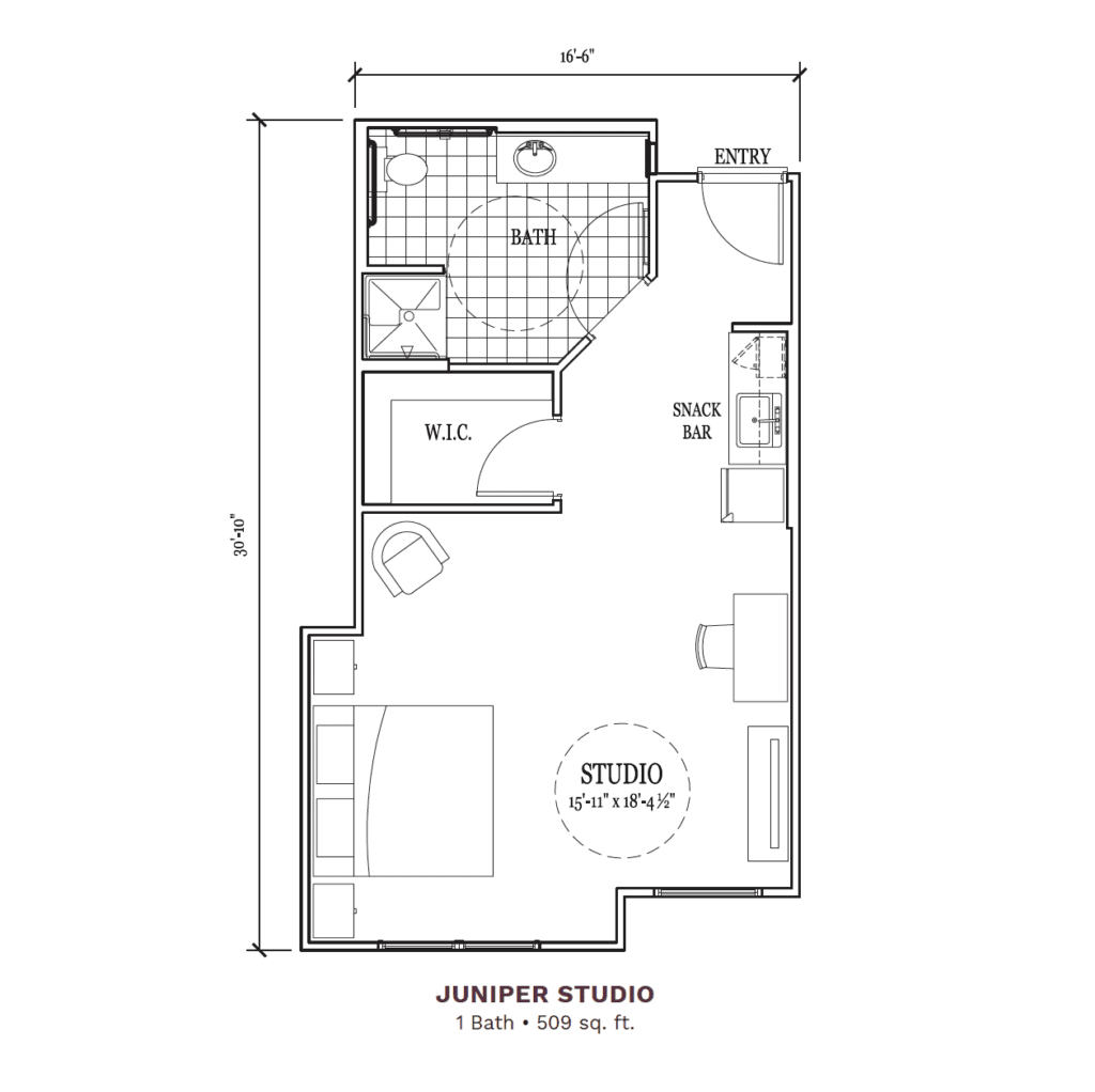 Architectural floor plan for a studio apartment