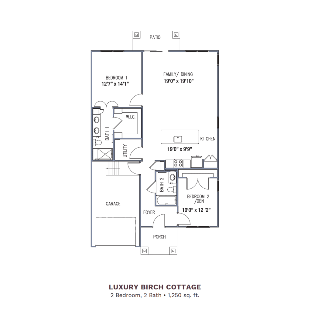 Architectural floor plan of a luxury two-bedroom cottage