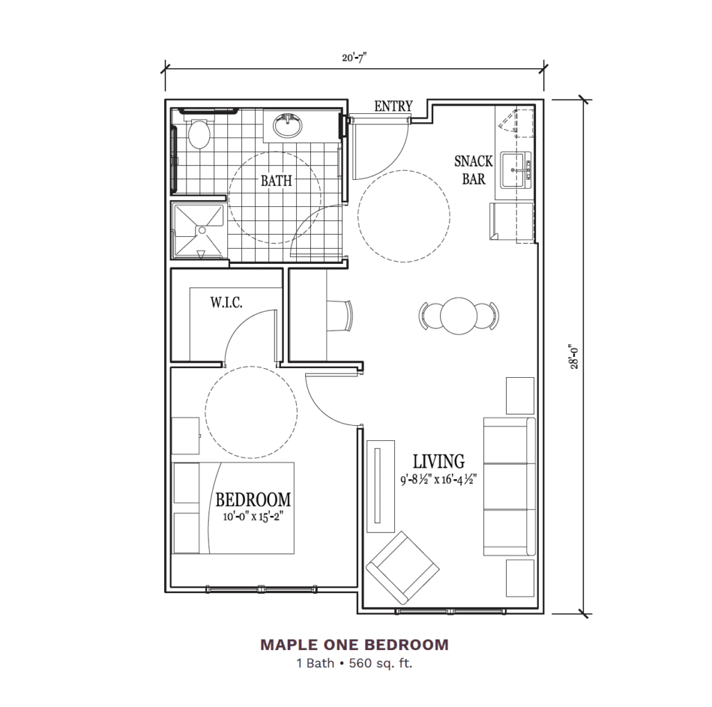 Architectural floor plan of a one-bedroom unit