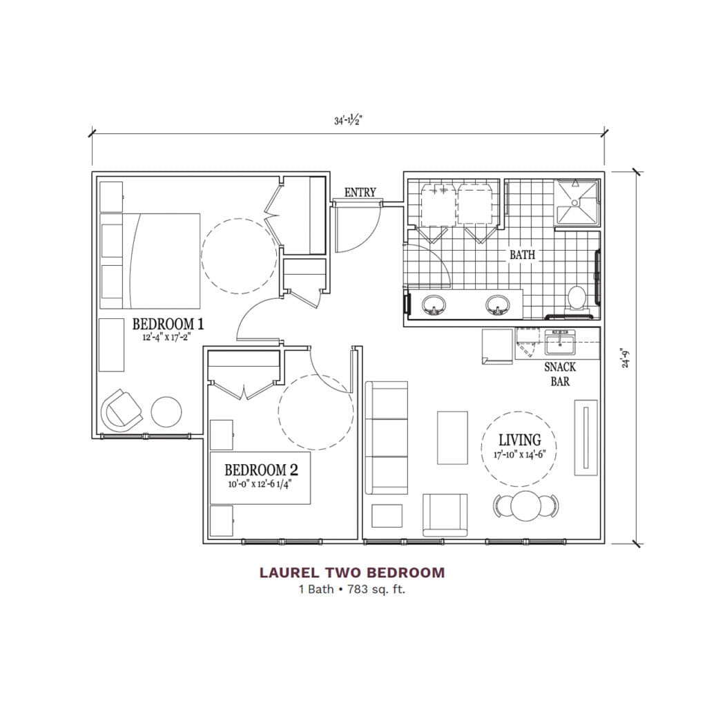 Architectural floor plan of a two-bedroom unit