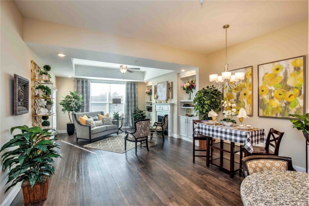 Bright, inviting common area with seating and plants