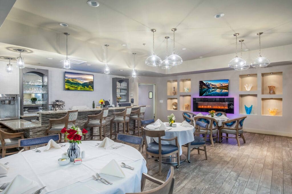 Bright dining room with elegant table settings
