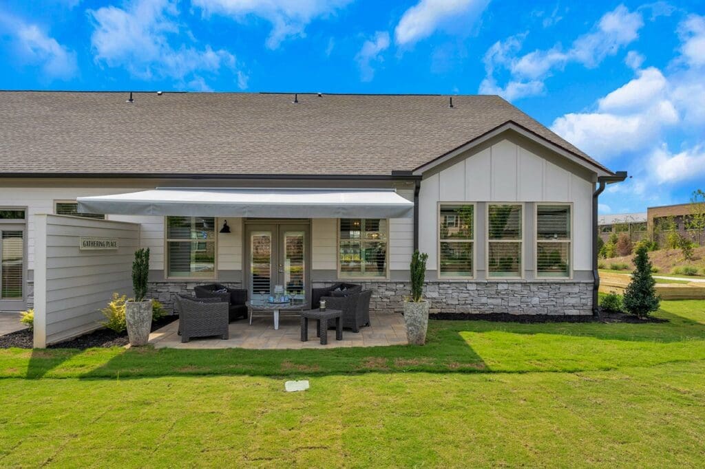 Exterior view of a cozy outdoor seating area