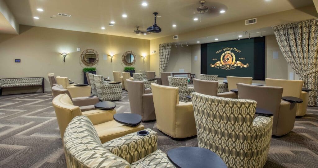 Interior view of a common area with seating