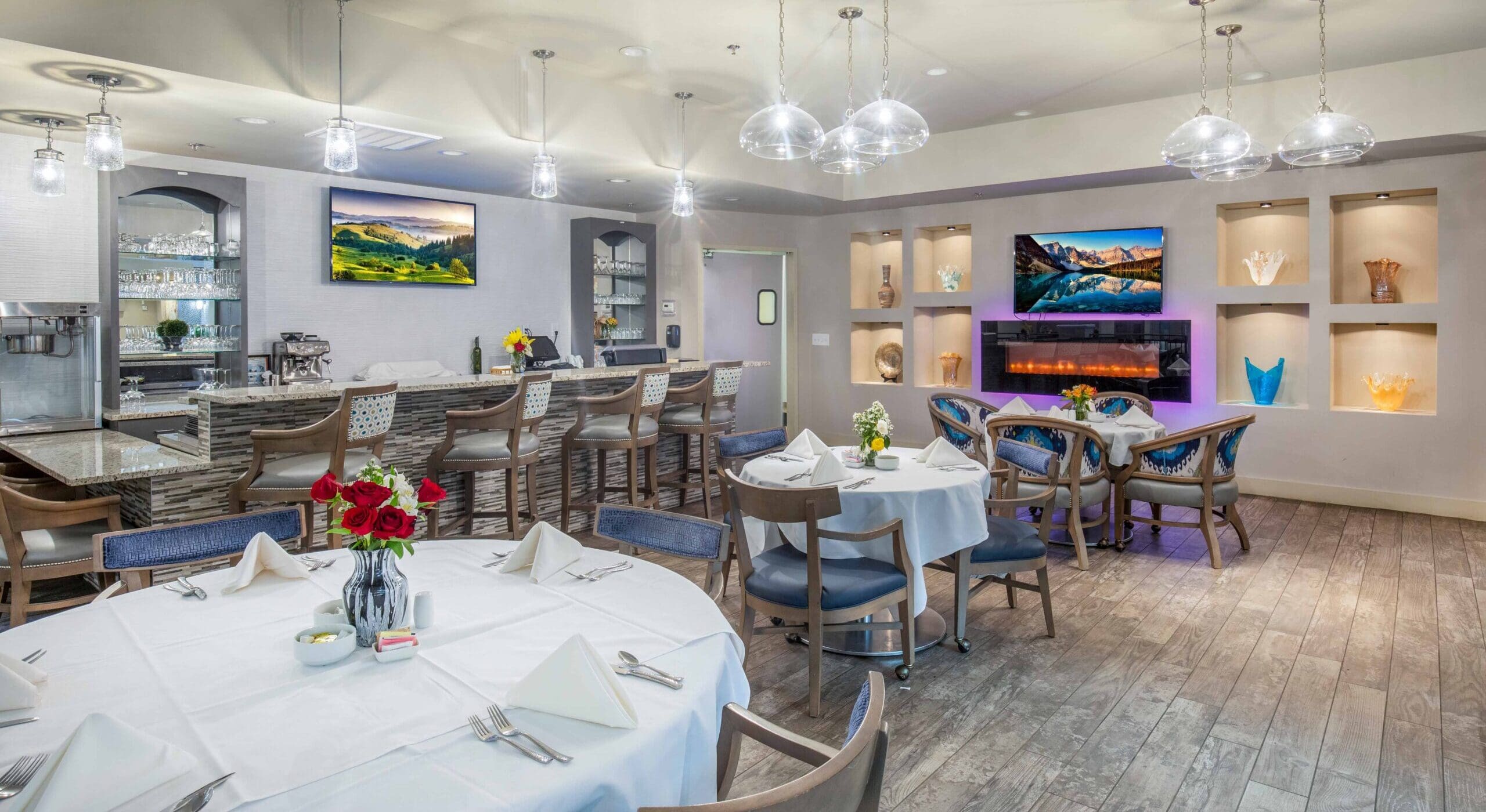 Elegant dining room with tables set for a meal