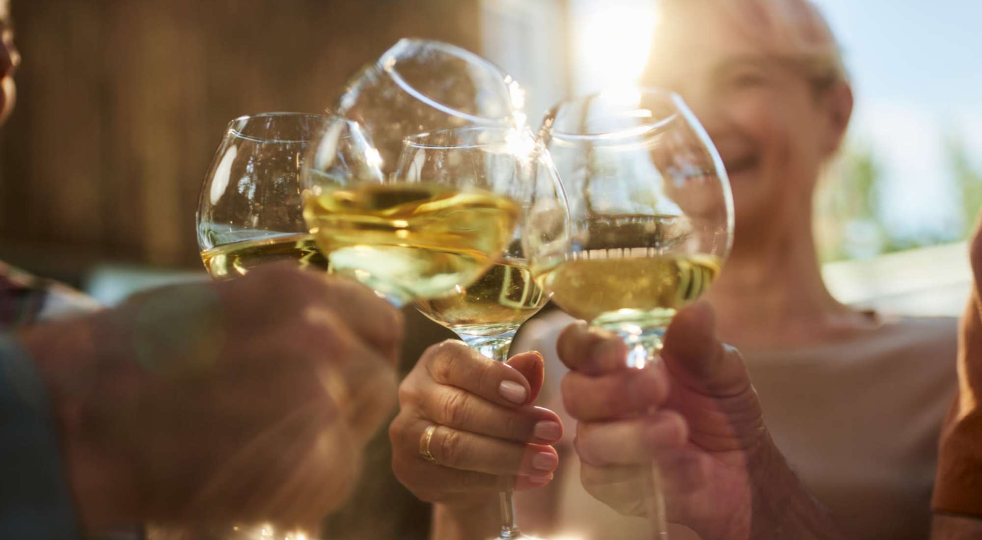 Residents toasting with wine glasses at a gathering