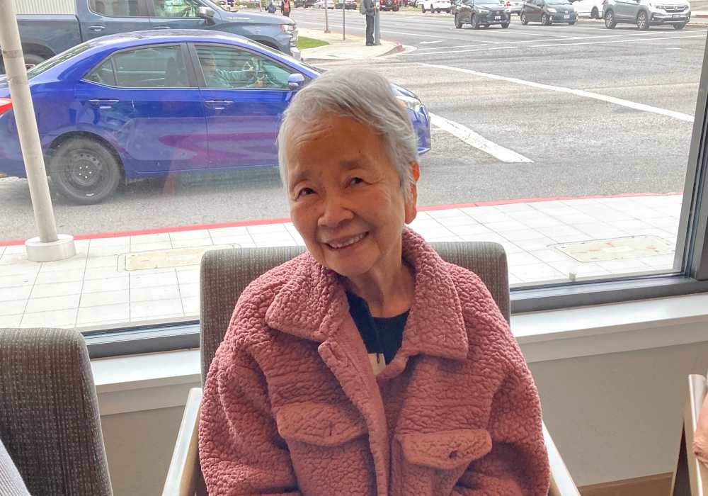 Smiling elderly woman sitting indoors by a window