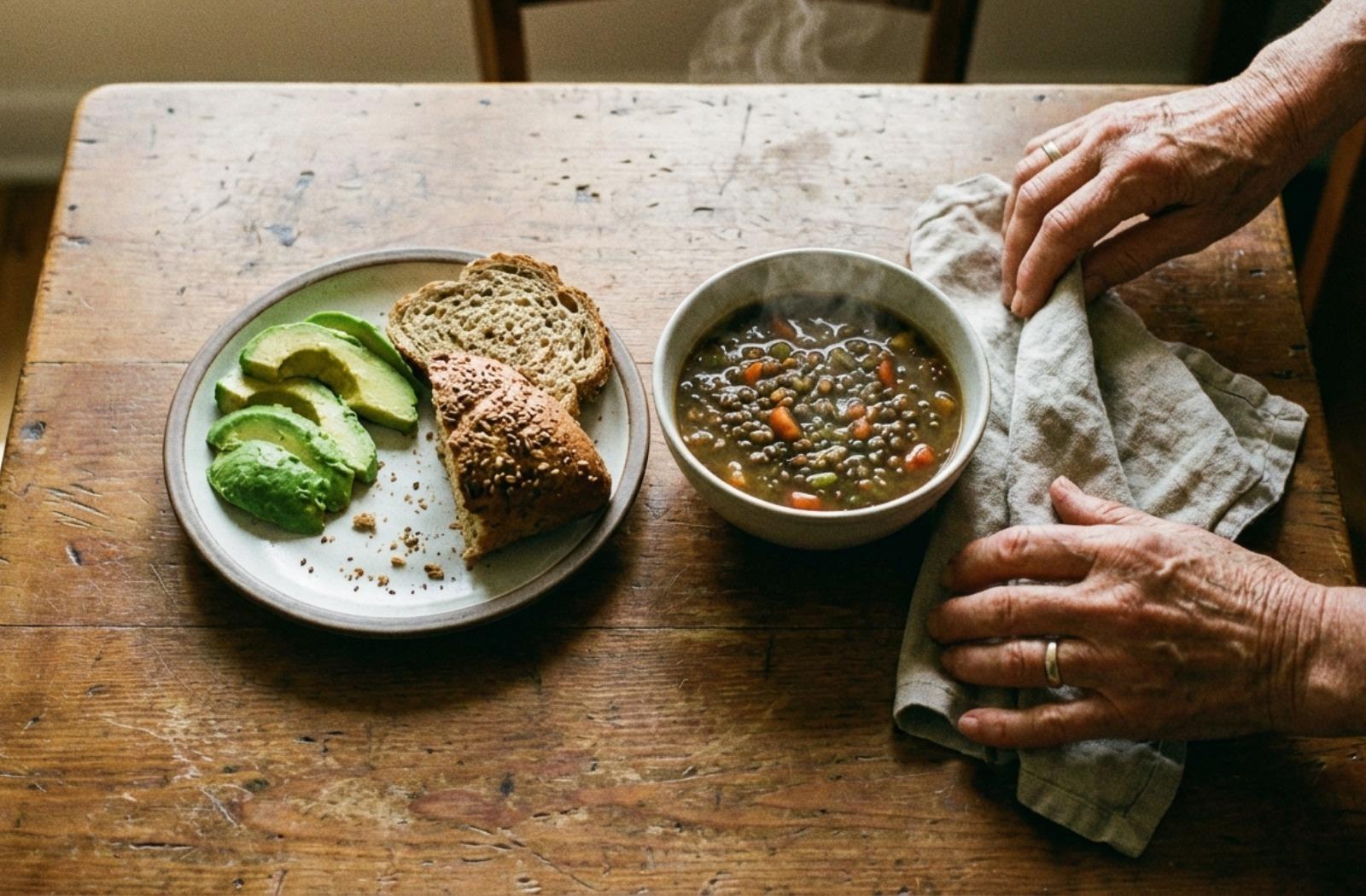 A hand serving avocado and soup on a wooden table