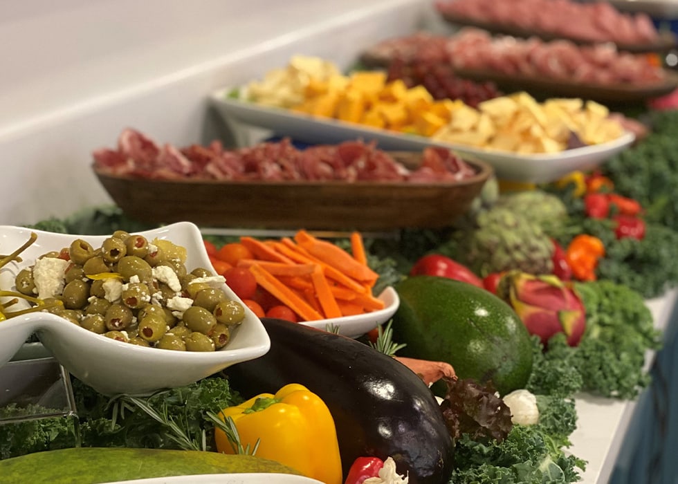 A vibrant display of assorted food platters
