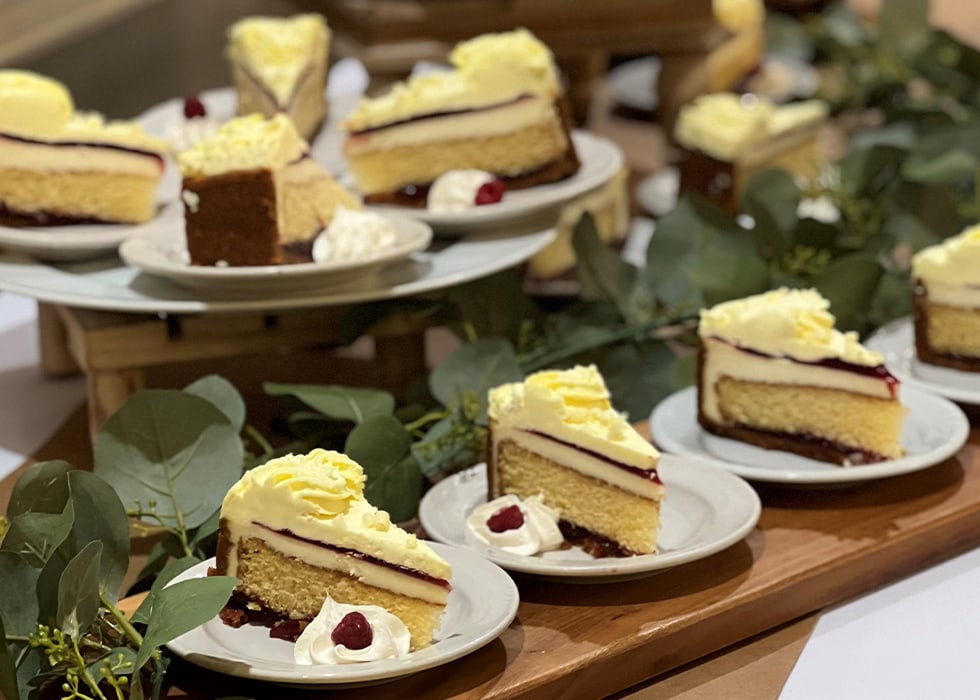 Delicious cake slices displayed elegantly on plates