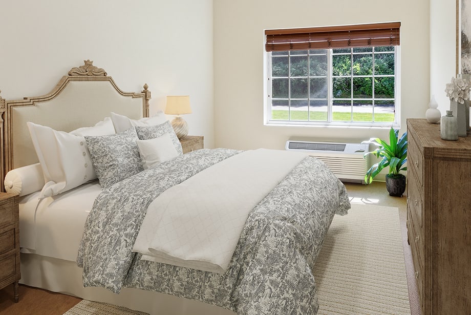 Well-decorated private resident room with natural light