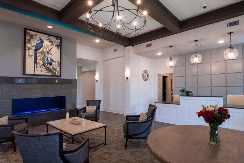 Welcoming lobby area with seating and art