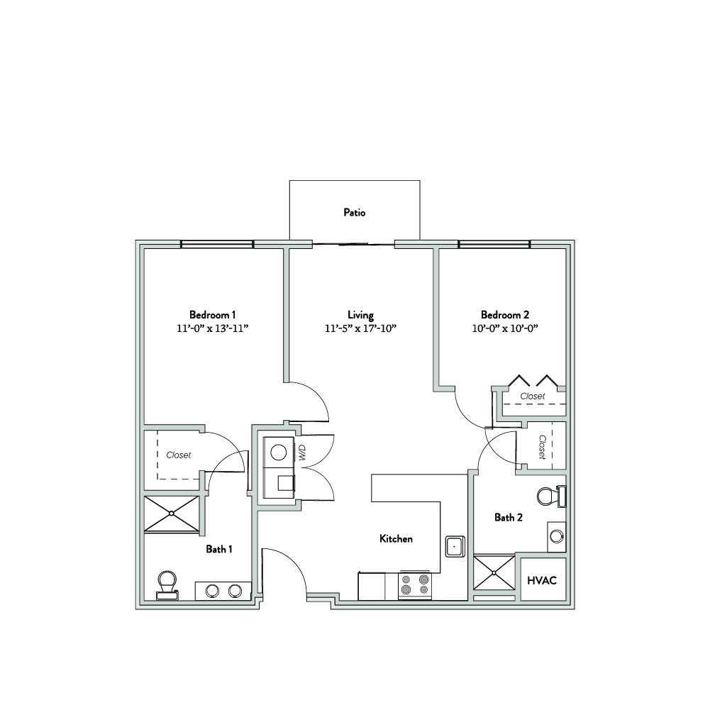 Architectural floor plan of a two-bedroom unit