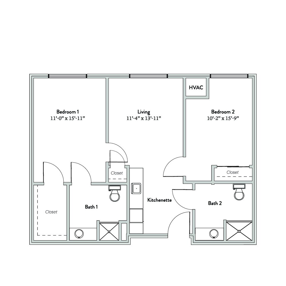 Architectural floor plan of a two-bedroom unit