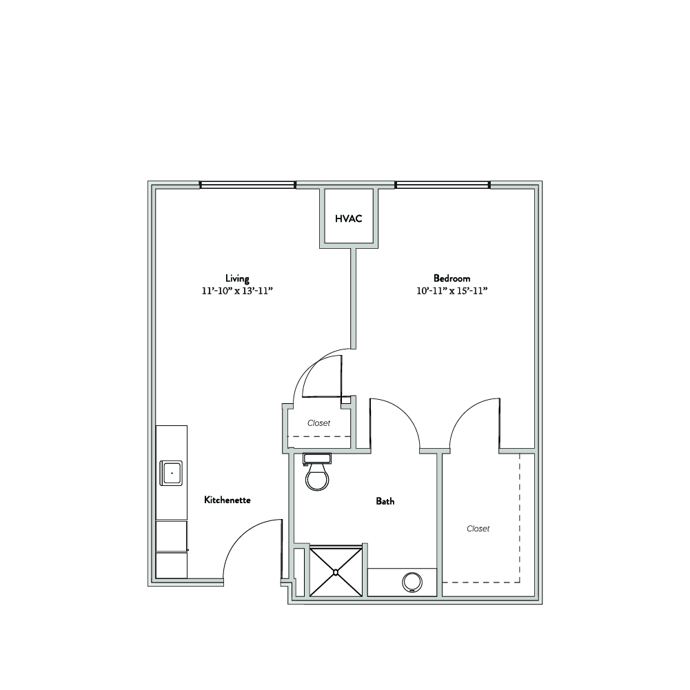 Architectural floor plan of a one-bedroom unit