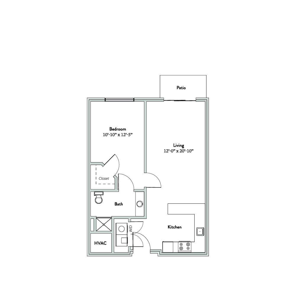 Architectural floor plan of a one-bedroom apartment