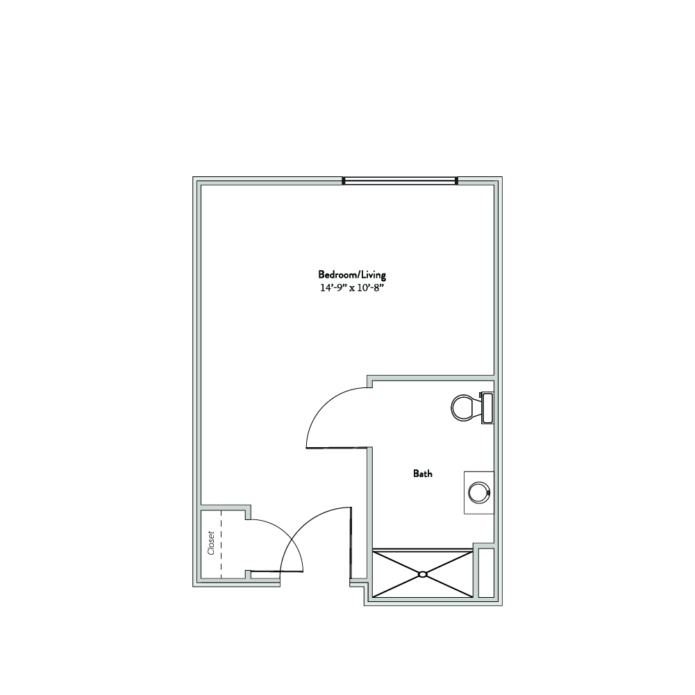 Architectural floor plan of a bedroom/bath unit