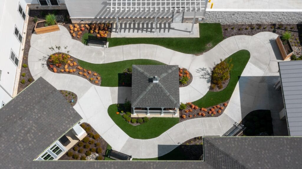 Aerial view of landscaped outdoor pathways and gazebo