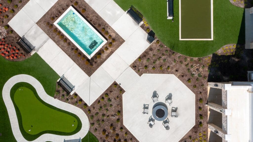 Aerial view of landscaped outdoor space with seating areas