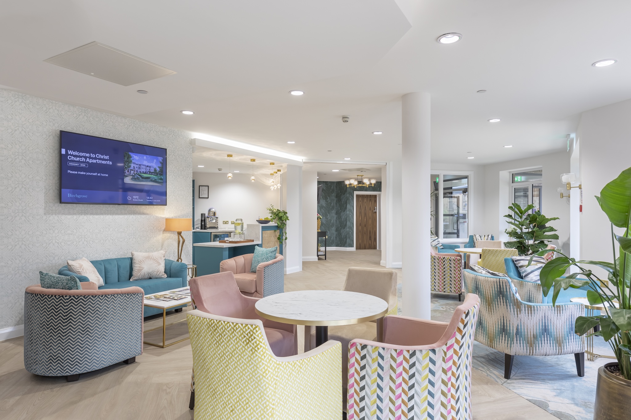 Bright common area with colorful furniture and modern decor