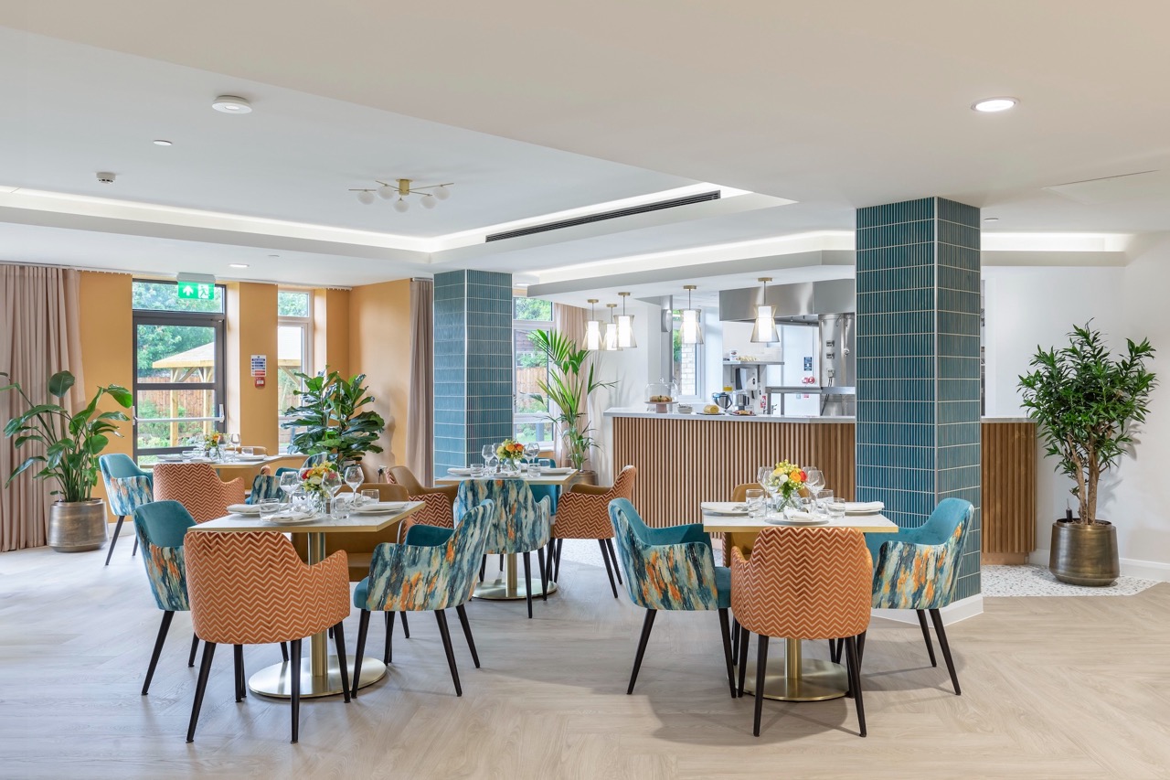 Bright dining room with modern decor and plants