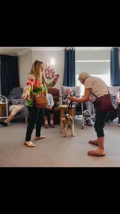 Residents interacting with a dog in a social area