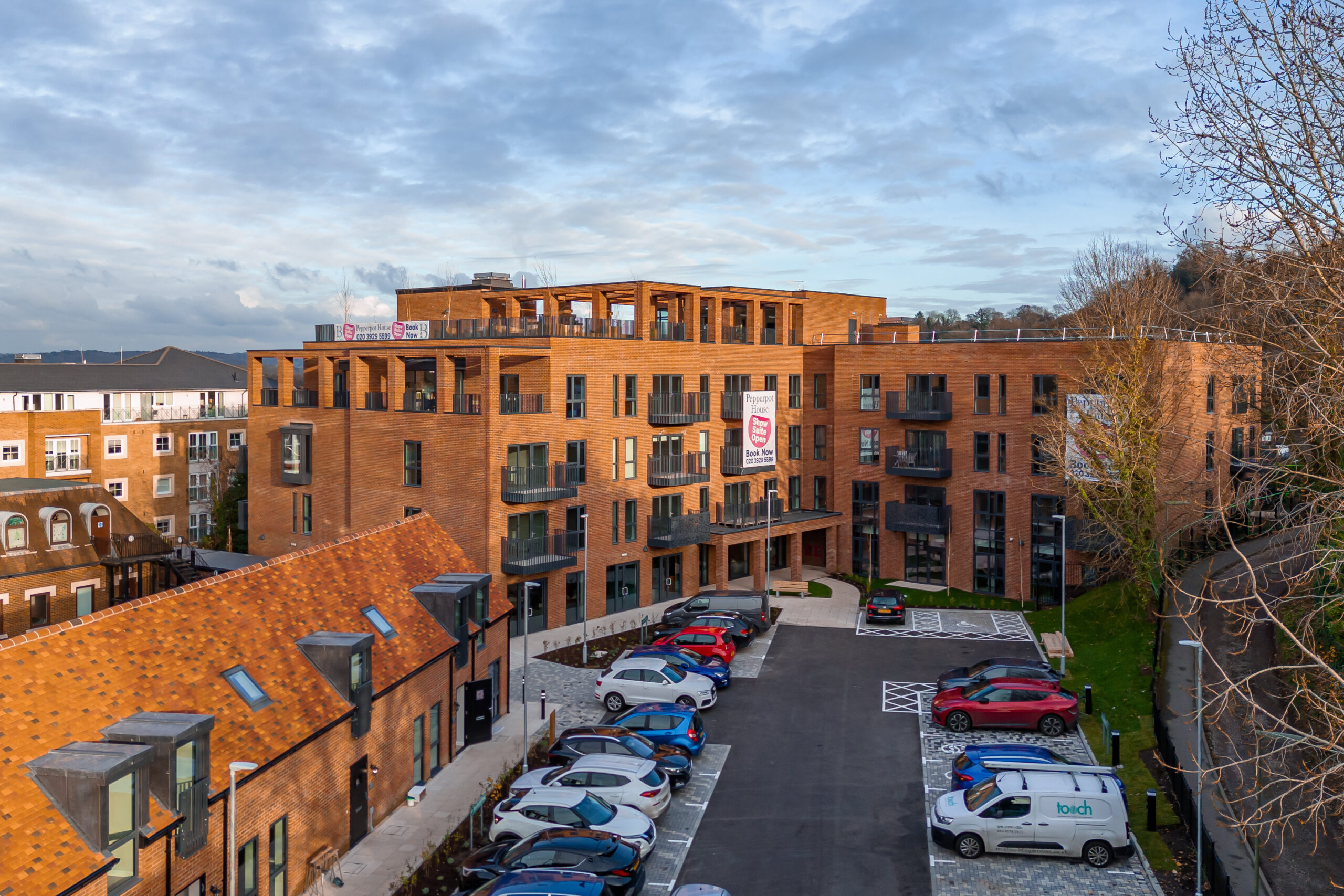 Aerial view of the Woodbank Apartments facility exterior