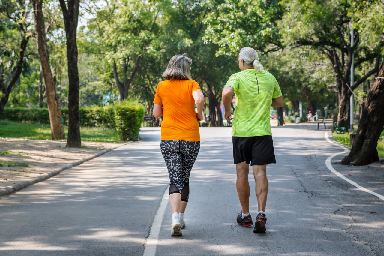 Two seniors jogging along a tree-lined path