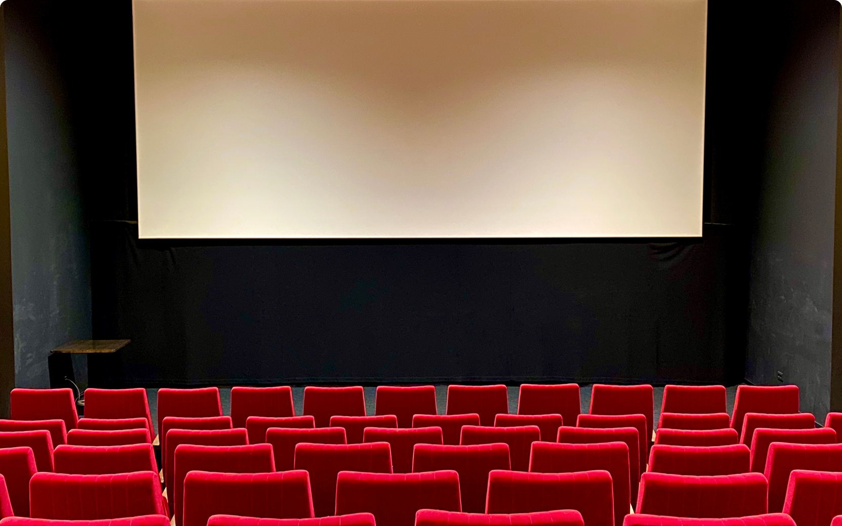 Empty cinema seating with a blank screen