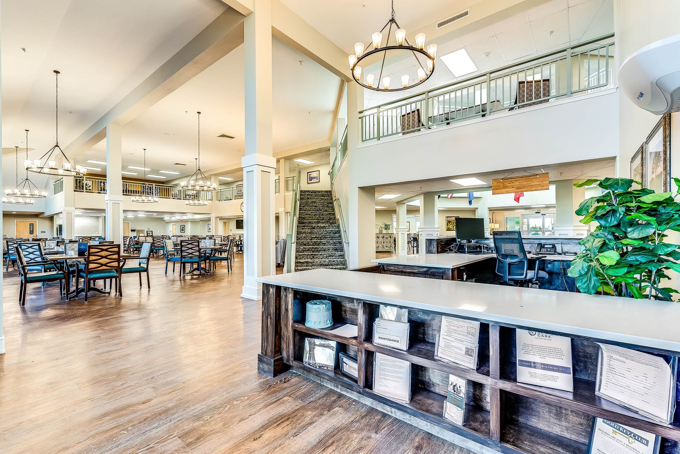 Bright interior of a common area with dining tables