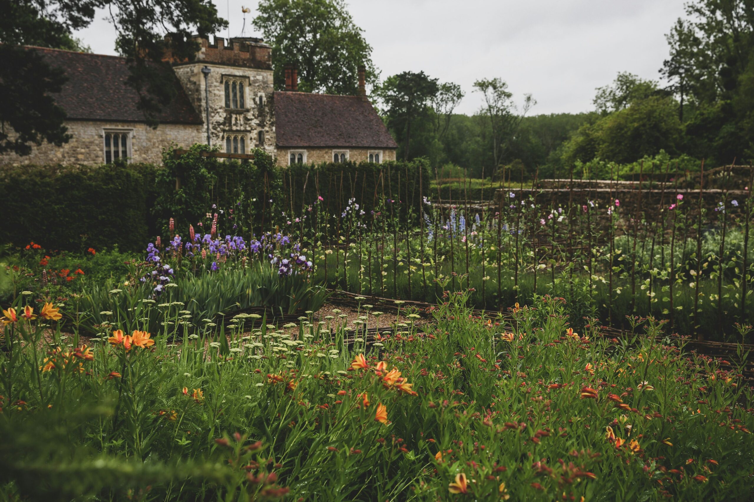Flower garden in front of a historic building