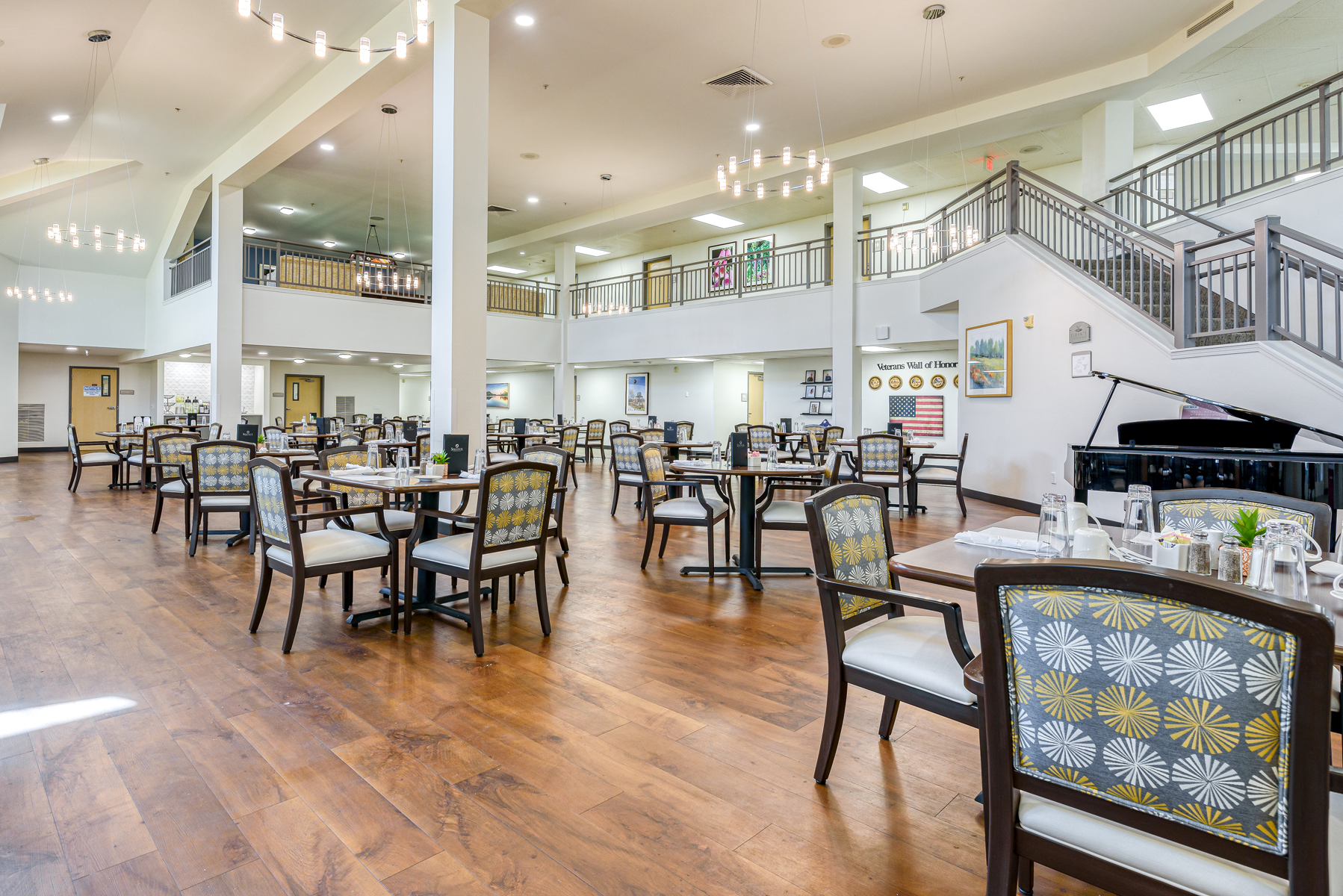 Bright dining area with tables and chairs