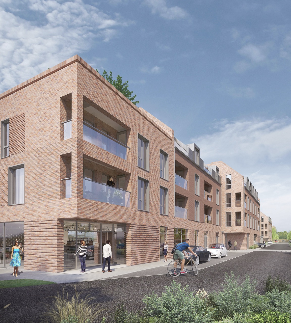 Exterior view of Woodbank Apartments with residents outside