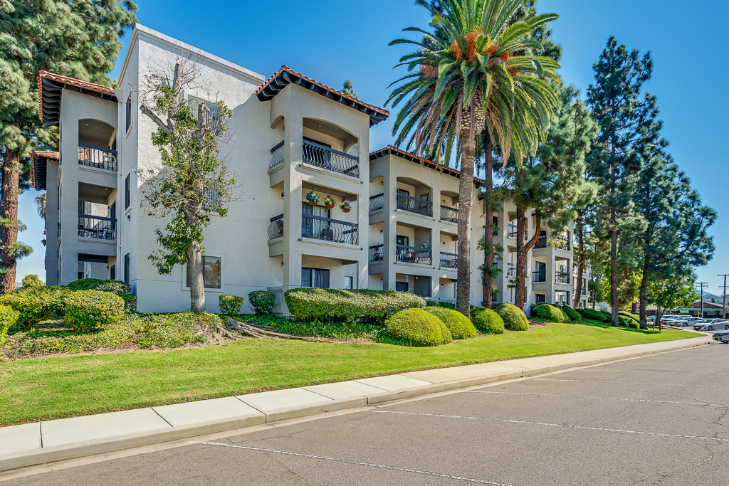 Exterior view of Solstice Senior Living building with palm trees