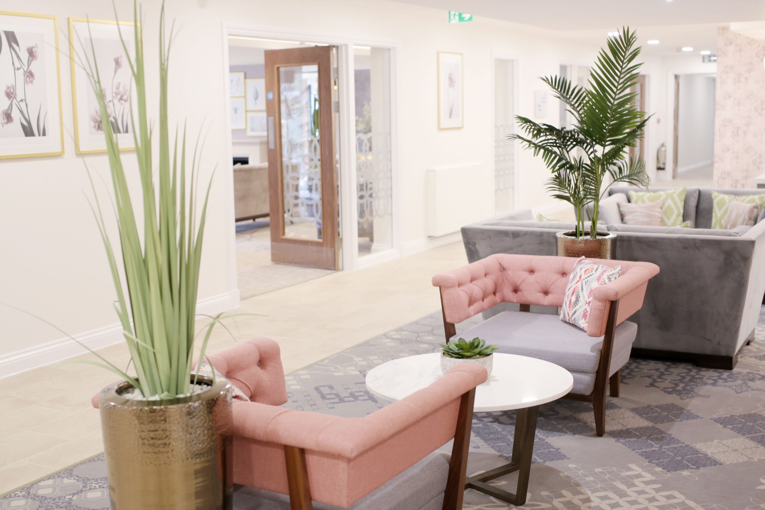 Indoor common area with stylish seating and plants