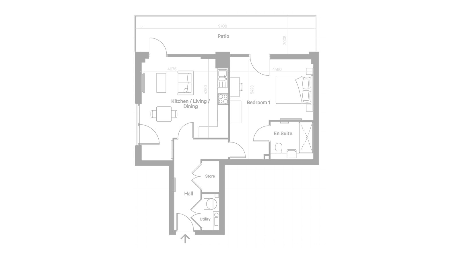 Architectural floor plan of a one-bedroom apartment