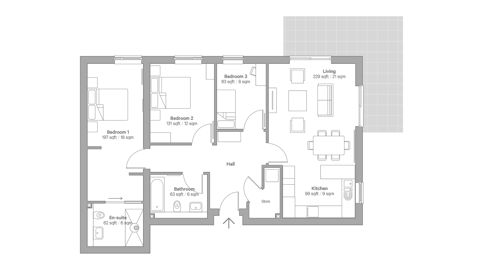 Architectural floor plan of an apartment layout