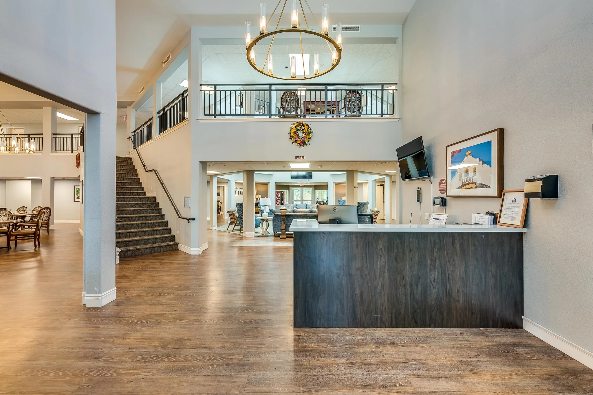 Bright and welcoming lobby area with residents