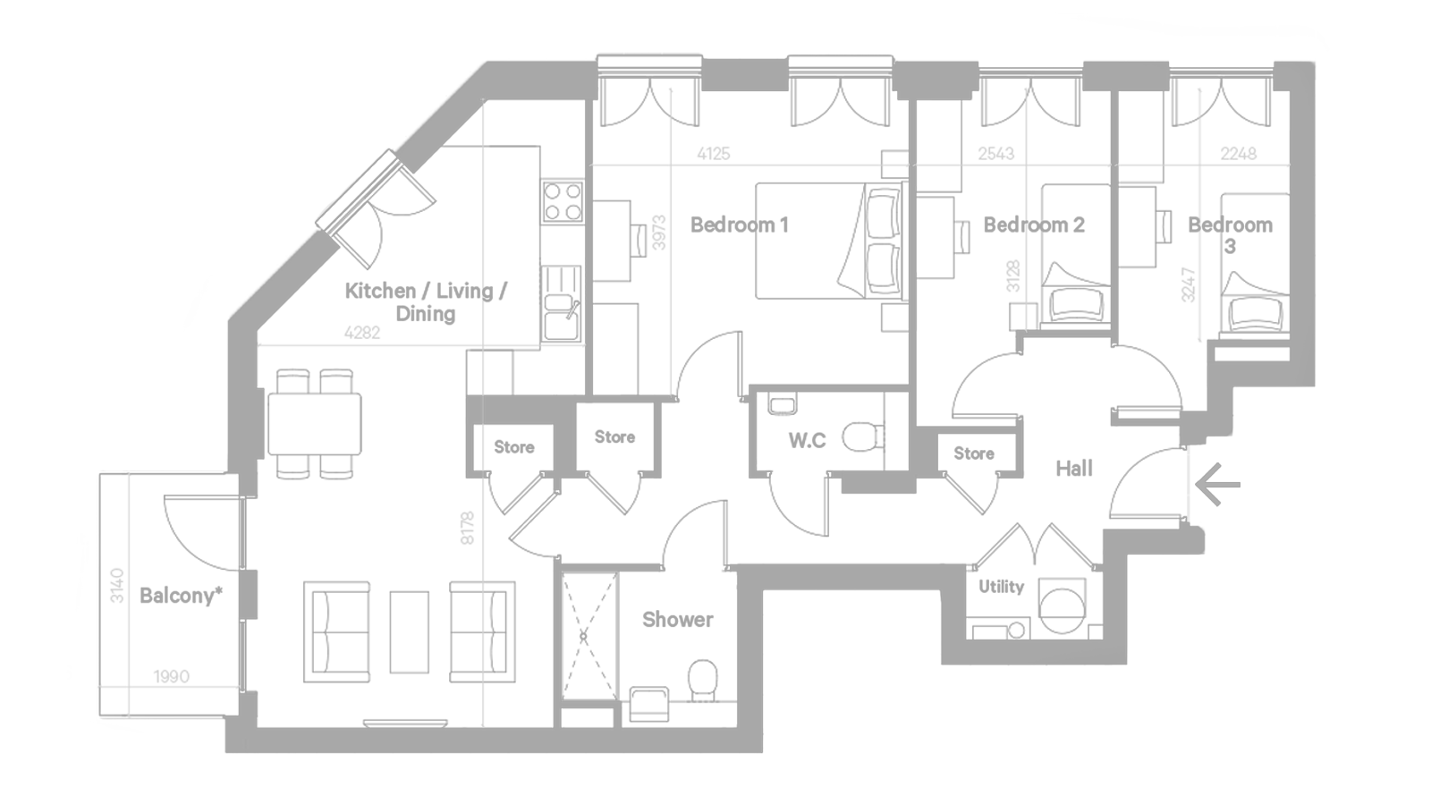 Architectural floor plan of a residential unit