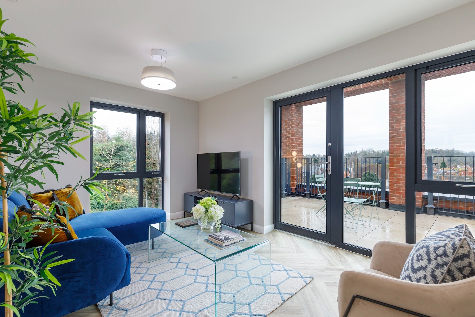 Bright interior lounge with modern furniture and outdoor view