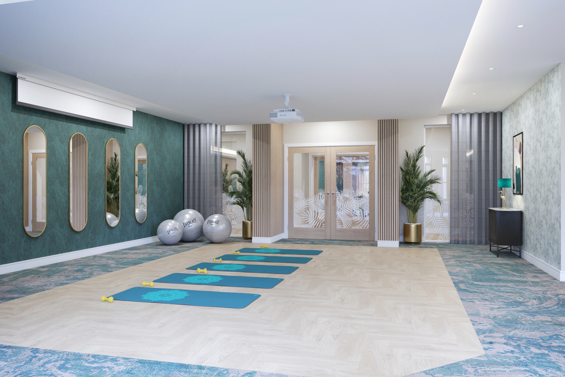 Multi-purpose activity room with yoga mats and equipment