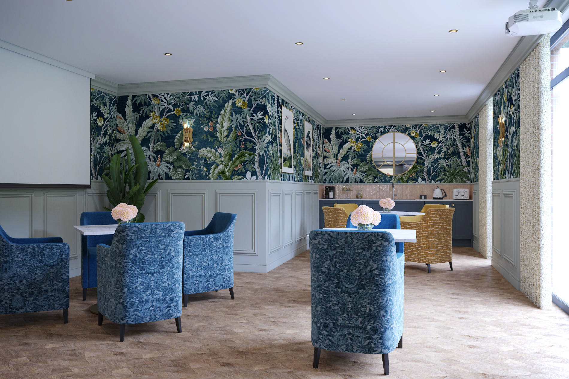Bright common area with patterned wallpaper and seating