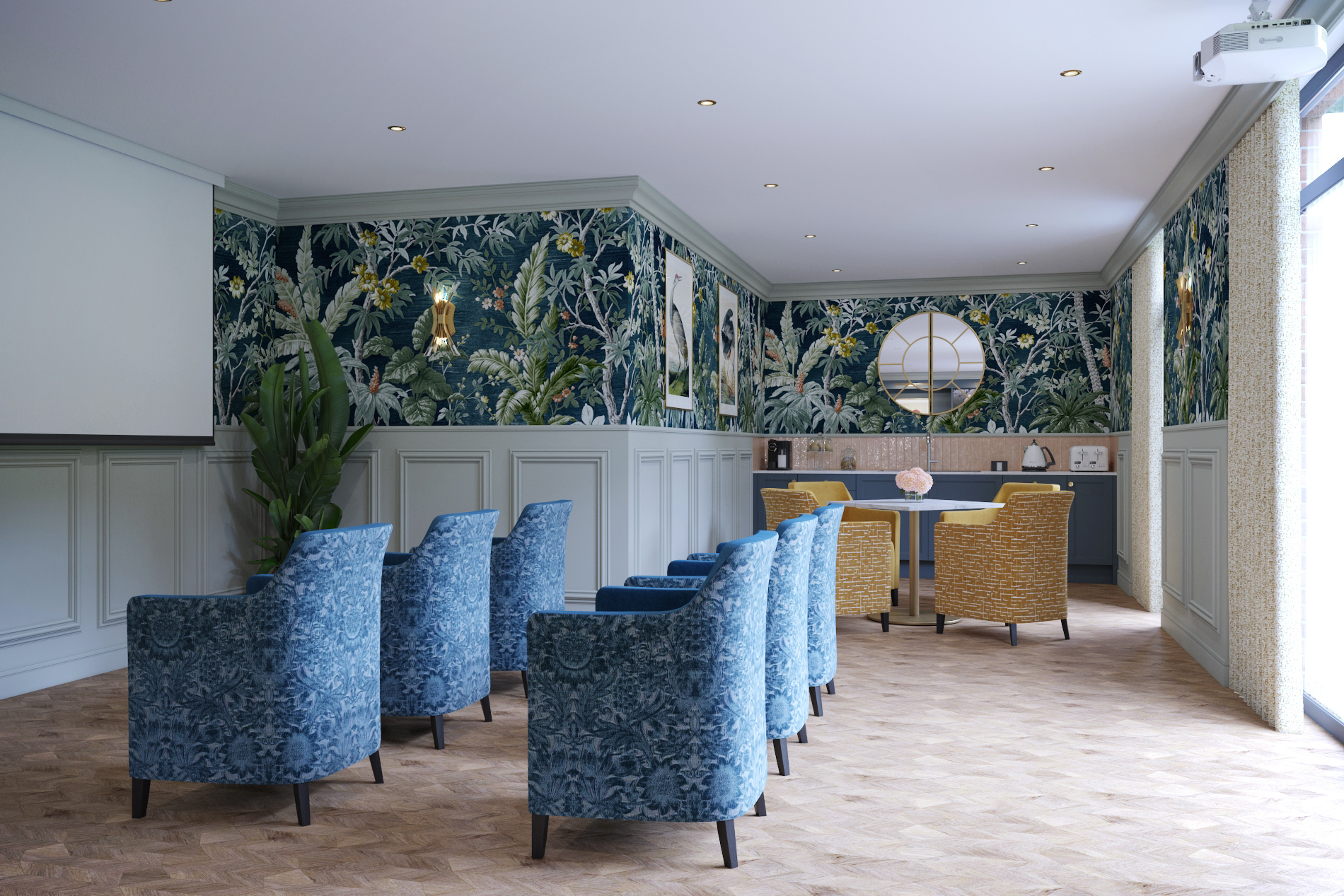 Bright common area with blue chairs and floral wallpaper