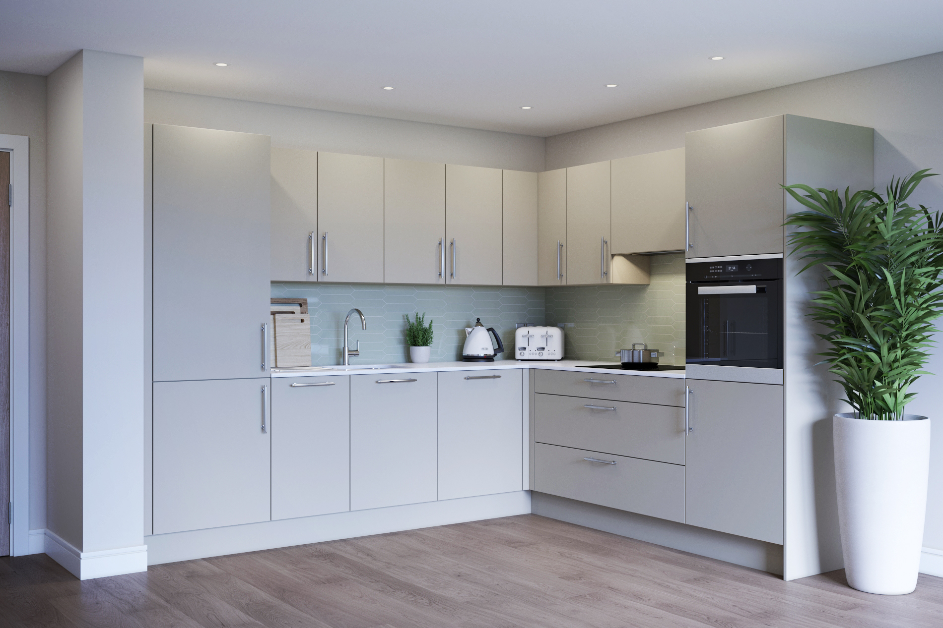 Modern kitchen interior with light cabinets and plants