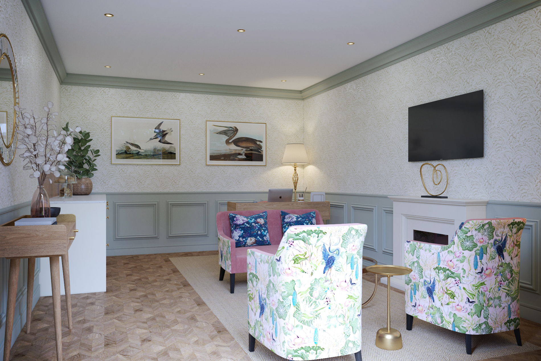Brightly decorated common area with floral chairs